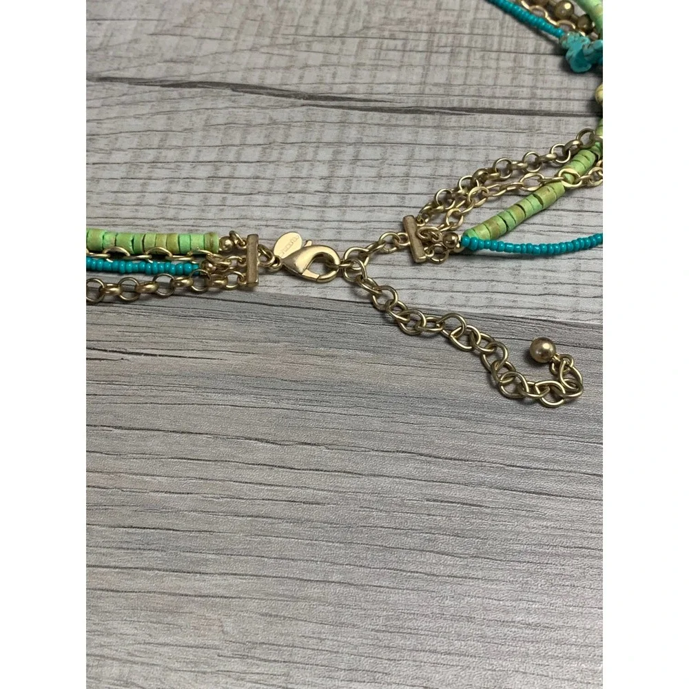 Chicos Multi Strand Beaded Statement Necklace Gold Tone Turquoise Green 36 Inch